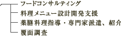 フードコンサルティング/料理メニュー設計開発支援/薬膳料理指導・専門家派遣、紹介/覆面調査